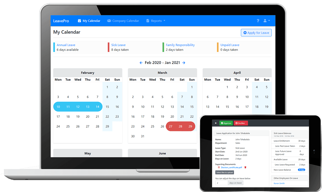 LeavePro screenshot showing employee leave calendar and leave approval screen